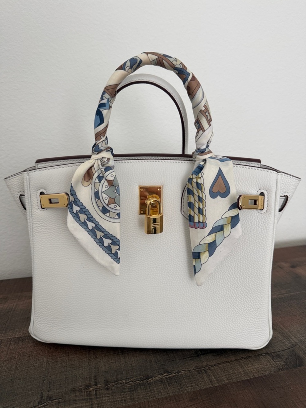 White Leather Top-Handle Bag with Patterned Scarf